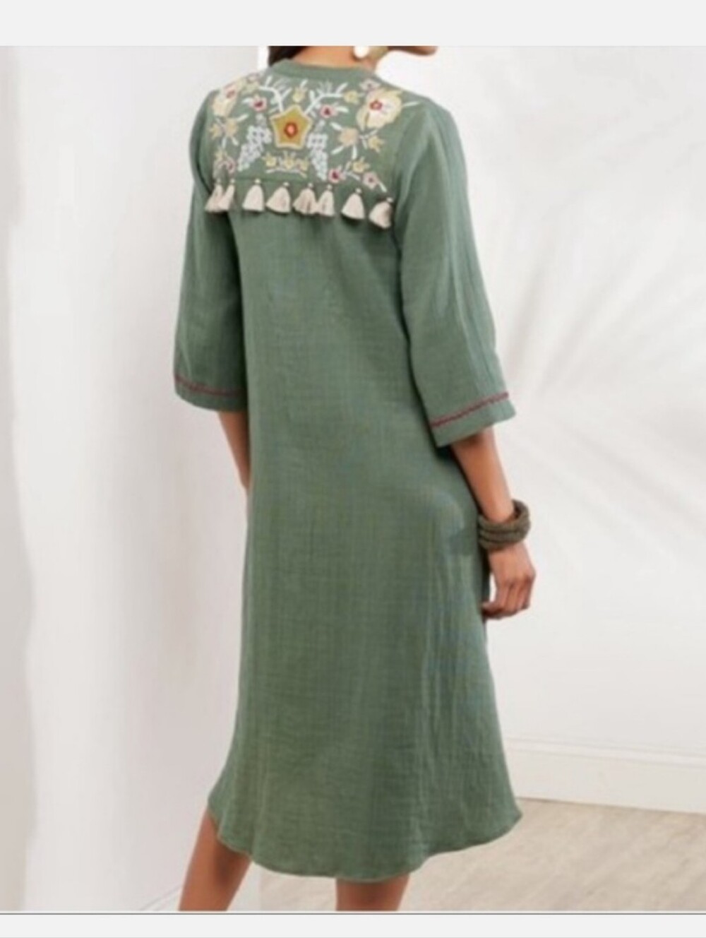 Embroidered Olive Green Women's Dress with Tassel Detail